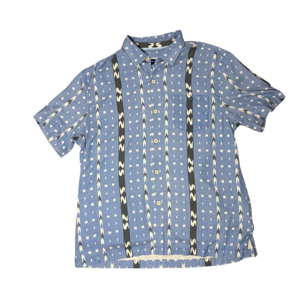 Tommy Bahama Silk Blend Geometric Camp Shirt Blue Resort Button Up Large